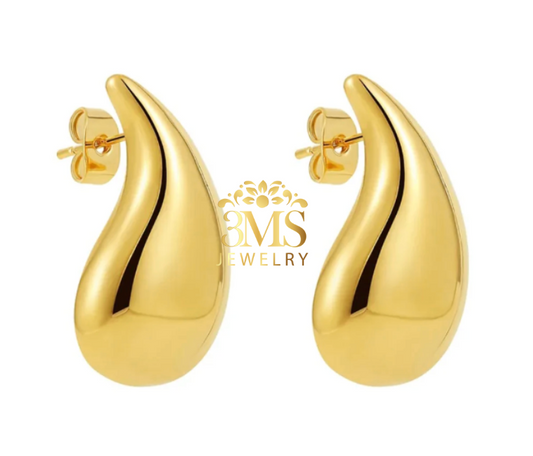 "18K gold droplet earrings in titanium steel with gold vermeil—side-by-side view"