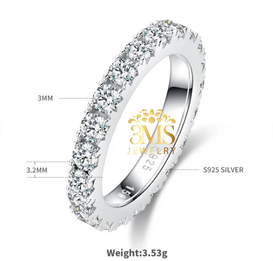 "2.3 ct. Moissanite Diamond Eternity Ring in 925 sterling silver with white gold vermeil—measurement details"