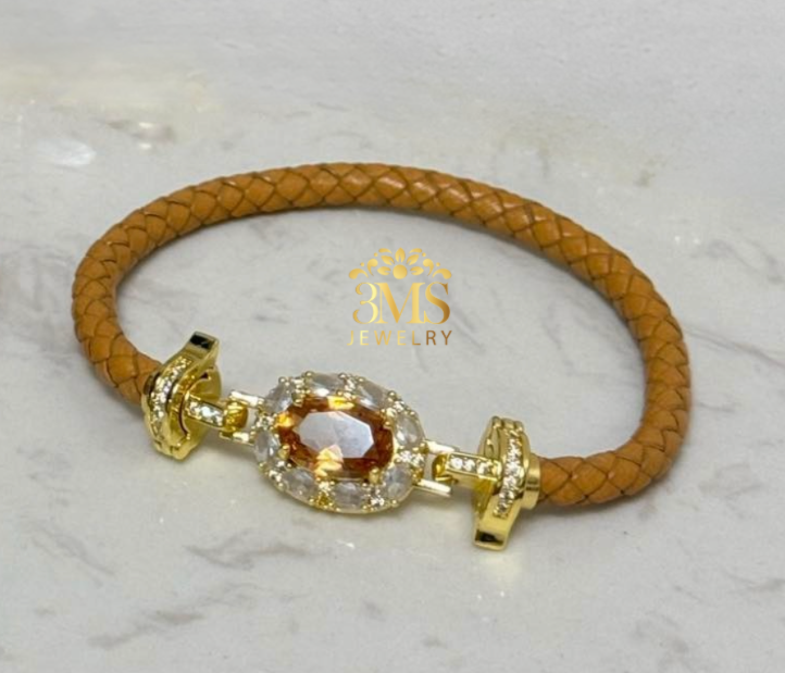 Natural Citrine Gemstone Learher Bangle Bracelet