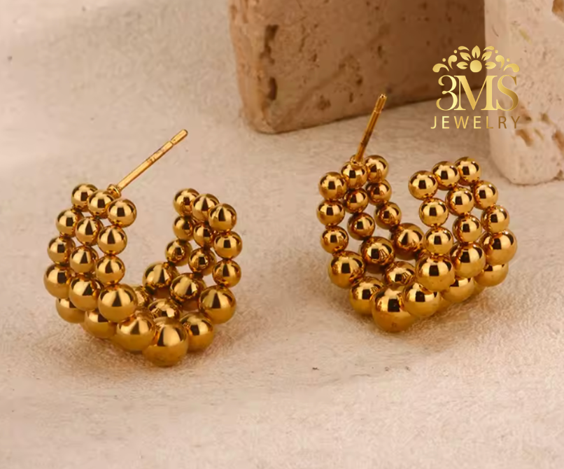 "18K gold hoop bead earrings in titanium steel with gold vermeil—back-to-back view"
