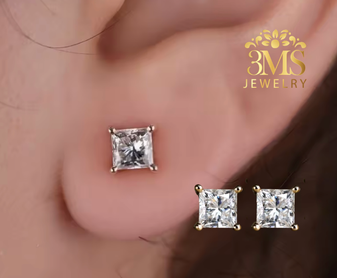 "Lab diamond princess-cut stud earrings in rose gold setting in 14K gold on wearing front view details"
