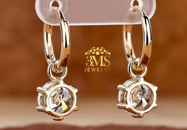 "Lab diamond gold hoop earrings set in 14K yellow gold—back view."