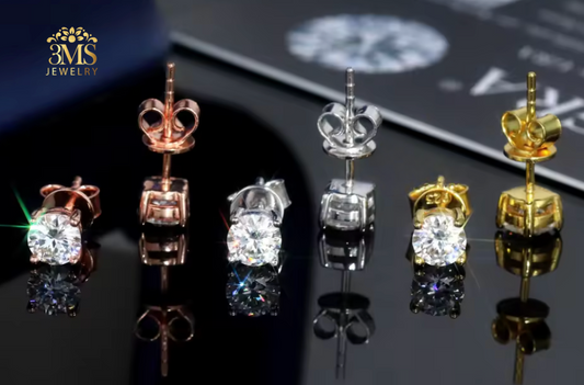 "Lab-grown round brilliant-cut diamond stud earrings set in 14K rose, white, and yellow gold—front-back view."