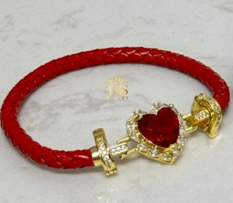 Natural Ruby Heart Gemstone Leather Bangle Bracelet
