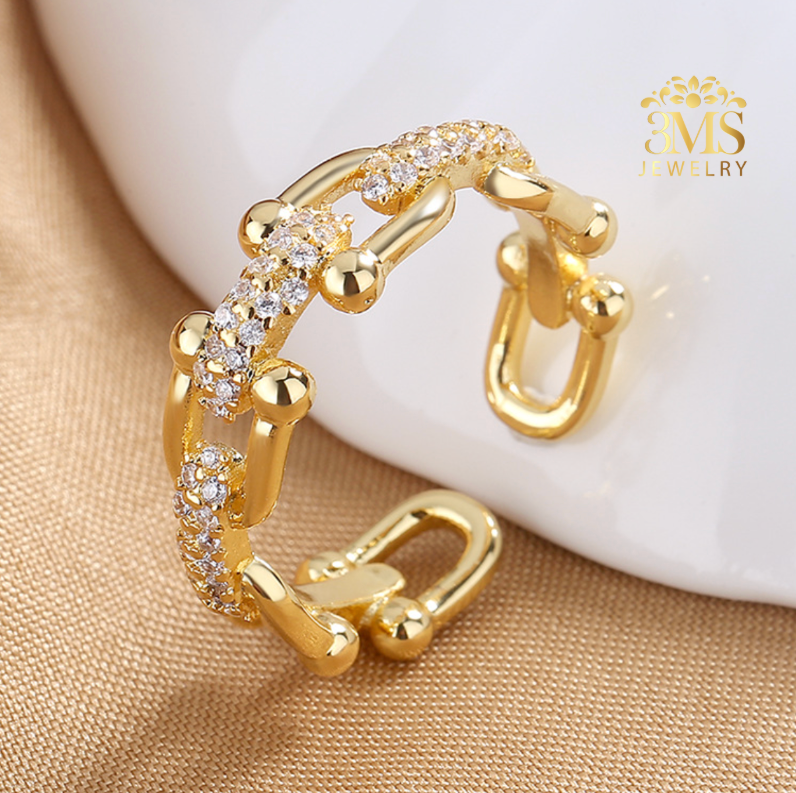 "18K gold open ring with zircon in sterling silver with gold vermeil - side view"