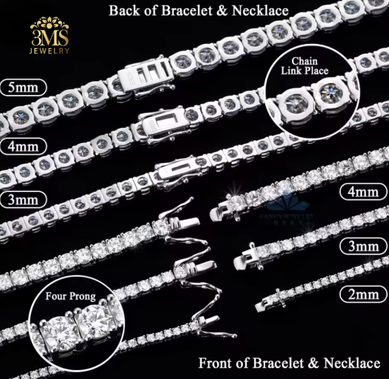 Jewelry display of bracelets and necklaces with chain link and four prong settings, showing different width options.