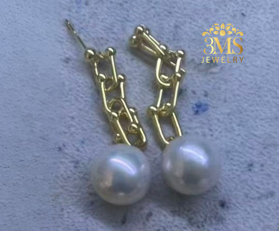 Tesha Link Earrings with 12 mm Authentic Edison Freshwater Pearls (925 sterling silver, vermeil)