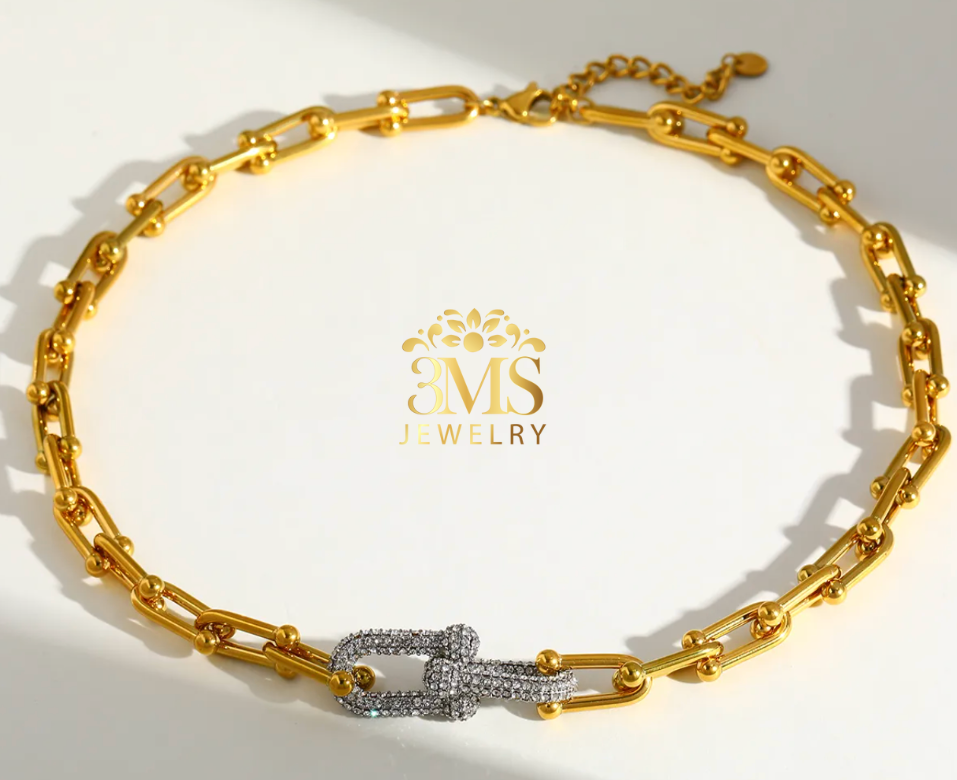 "18K gold necklace with zircon in stainless steel with gold vermeil - full view details"