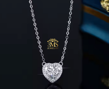 "2.0 ct. moissanite diamond heart necklace perfect cut flawless D color in sterling silver with white gold vermeil full front details"