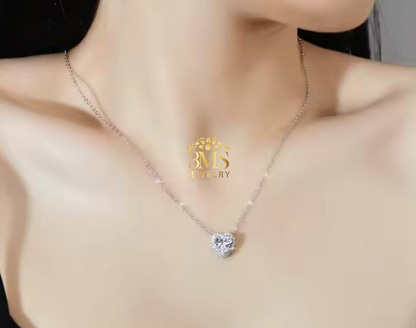 "2.0 ct. moissanite diamond heart necklace perfect cut flawless D color in sterling silver with white gold vermeil - on wearing view"