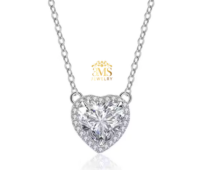 "2.0 ct. moissanite diamond heart necklace perfect cut flawless D color in sterling silver with white gold vermeil - front view"