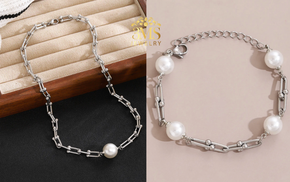 Quinn Pearl Necklace & Bracelet (Stainless steel)