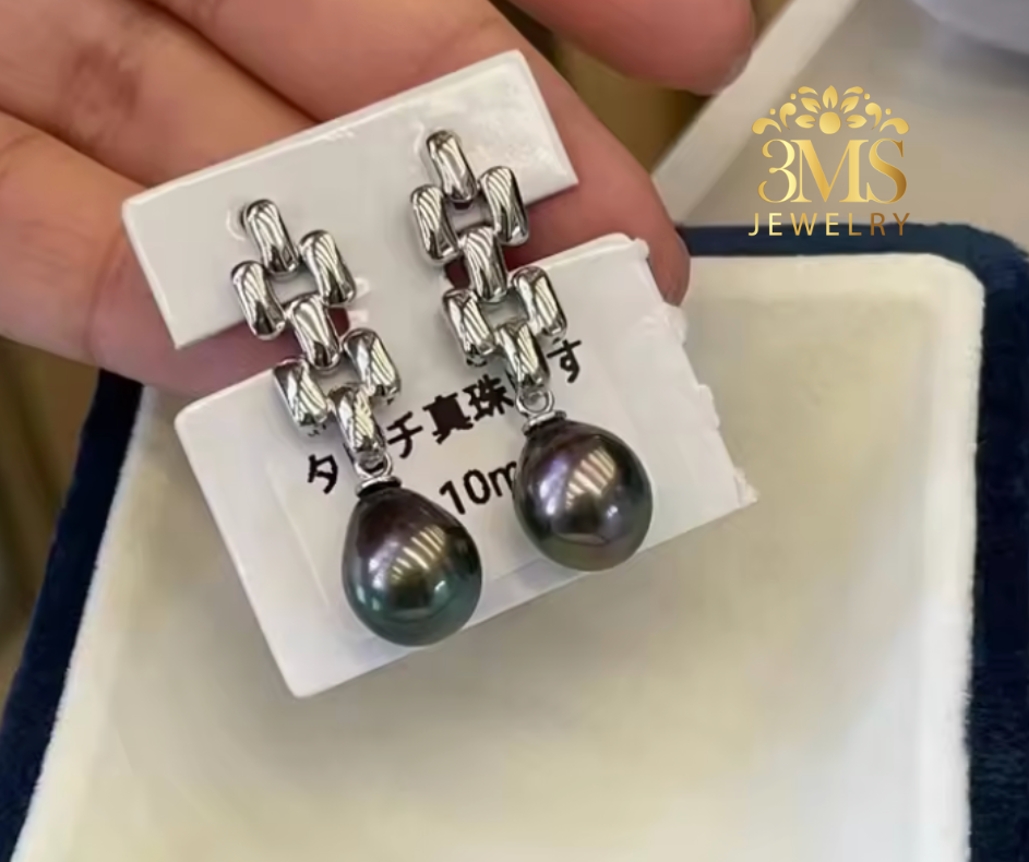 "18K white gold dangling earrings with 10mm black perfect round edison freshwater pearls in sterling silver with gold vermeil - side view"