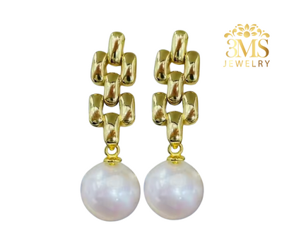 "18K gold dangling earrings with 10mm white perfect round edison freshwater pearls in sterling silver with gold vermeil - front details"