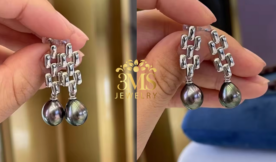 "18K white gold dangling earrings with 10mm black perfect round edison freshwater pearls in sterling silver with gold vermeil - side-by-side view"