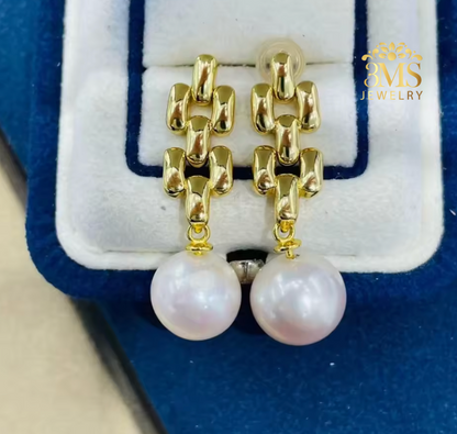 "18K gold dangling earrings with 10mm white perfect round edison freshwater pearls in sterling silver with gold vermeil"