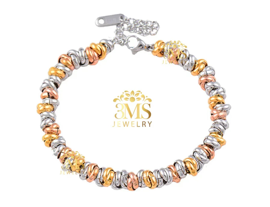 3MS Jewelry tri-color bracelet with gold, rose gold, and silver links on white background
