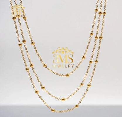 "Three-layer gold necklace with small round beads with 18k gold vermeil—front view"