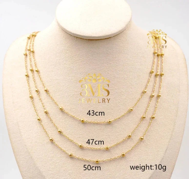 "Three-layer gold necklace with small round beads with 18k gold vermeil -Full measurement details"