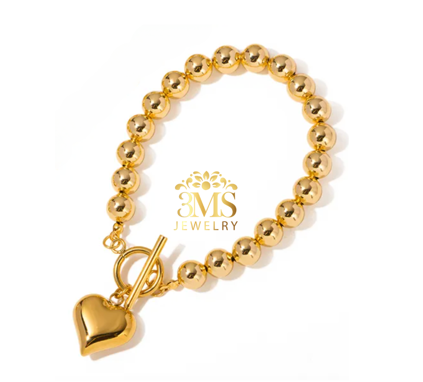 "18K gold beads heart pendant bracelet in titanium steel with gold vermeil - side view"
