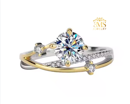 "1.0ct. moissanite diamond engagement ring in sterling silver with white and gold vermeil - full details"