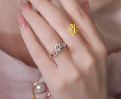 "1.0 ct. moissanite diamond engagement ring in sterling silver with white and gold vermeil - on wearing details"