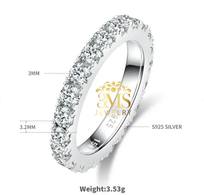 3MS Jewelry sterling silver 3.2mm moissanite ring with sparkling round stones, 3.53g weight
