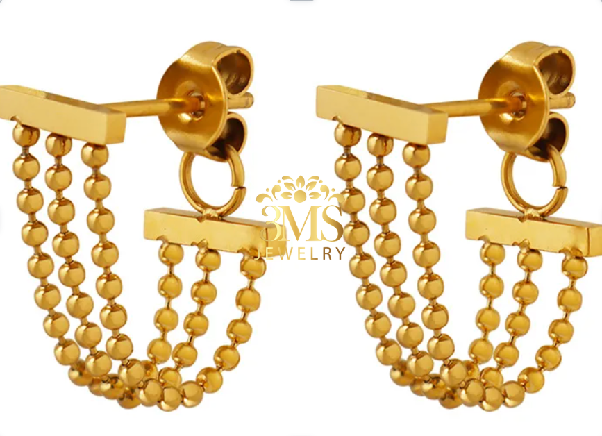 "18K gold beaded lock earrings in titanium steel with gold vermeil—front zoom details"