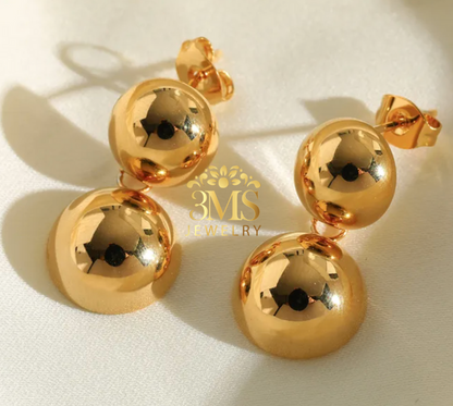 "18K gold two-beaded drop earrings in titanium steel with gold vermeil—full detail"