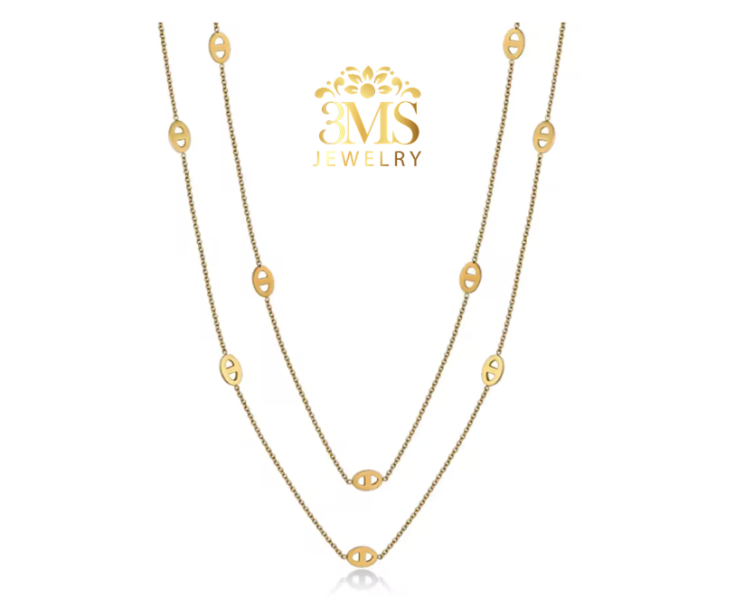 "18K gold two-layer necklace in titanium steel with gold vermeil—front view"