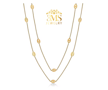 "18K gold two-layer necklace in titanium steel with gold vermeil—front view"