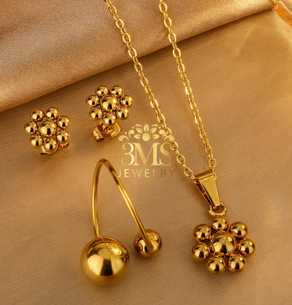 "18K gold beaded set of earrings, necklace & ring in titanium steel with gold vermeil—full details view"