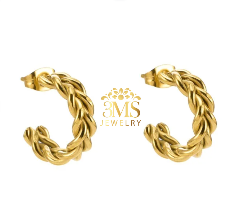 "18K gold hoop earring breaded design in titanium steel with gold vermeil—side view"