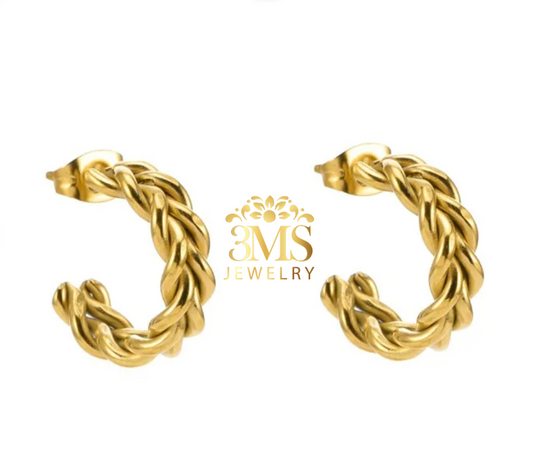 "18K gold hoop earring breaded design in titanium steel with gold vermeil—side view"