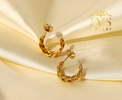 "18K gold hoop earring breaded design in titanium steel with gold vermeil—full details"