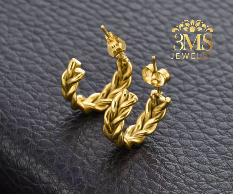 "18K gold hoop earring breaded design in titanium steel with gold vermeil—back details view"