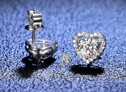 "1.0 ct. moissanite diamond heart earrings VVS1 D color white gold in sterling silver with gold vermeil - side and front view"
