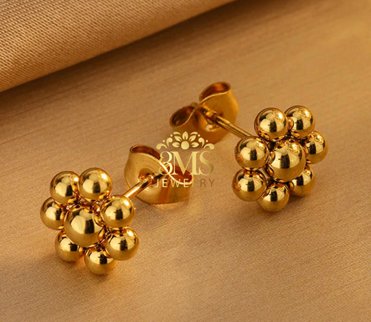 "18K gold beads flower design earring in titanium steel with gold vermeil—front & side view"