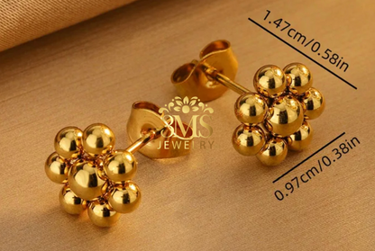 "18K gold beads flower design earring in titanium steel with gold vermeil—measurement  details"