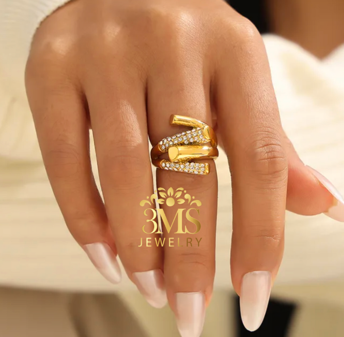 "18K gold with rhinestones ring in titanium steel with gold vermeil—on a finger full details"
