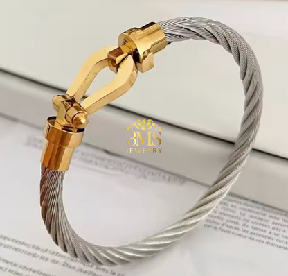 "18K gold & silver bangle in titanium steel with gold vermeil - zoom view"