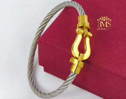 "18K gold & silver bangle in titanium steel with gold vermeil -side view details"