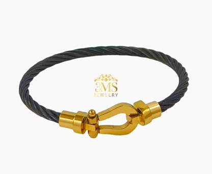 "18K gold clasp & black bangle in titanium steel with gold vermeil - front details"