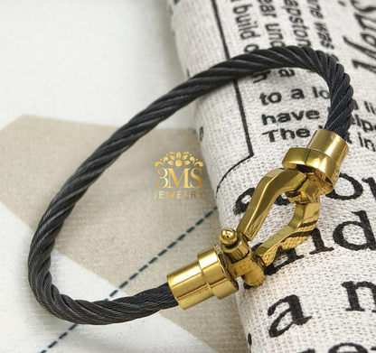 "18K gold clasp & black bangle in titanium steel with gold vermeil - side view"