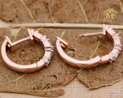 "Lab diamond baguette-cut hoop earring in rose gold—in zoom side view"