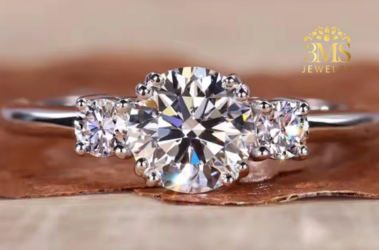 "Lab diamond round brilliant-cut diamond in a three-stone design set in 14K white gold—zoom view."