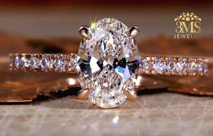 "Lab diamond oval-cut in a pavement design set in 14K rose gold—front close-up view."