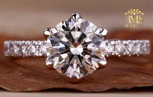 "Lab-round brilliant-cut diamond in a pave design set in 14K white gold—full zoom view."