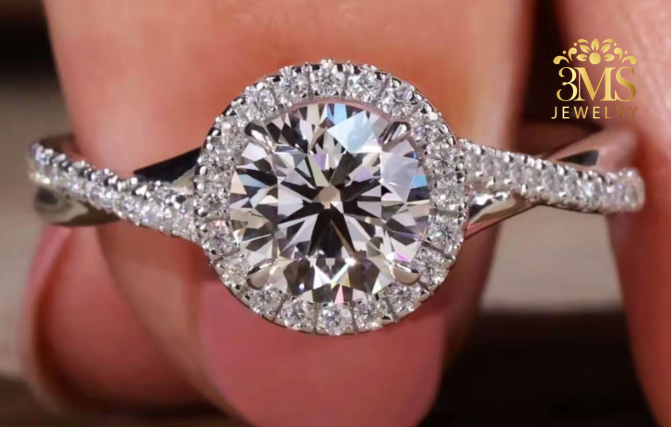 "Lab diamond round brilliant-cut diamond in a halo design set in 14K white gold—close-up view."