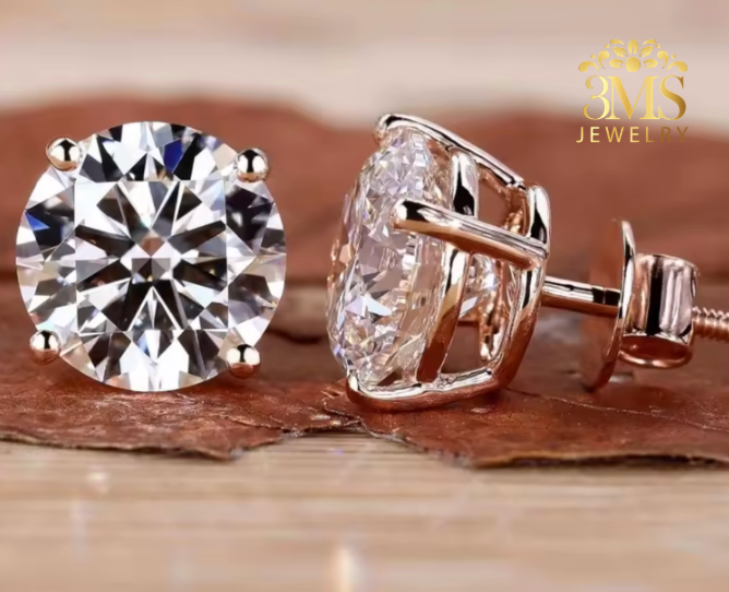 "Lab-grown round brilliant-cut diamond stud earring set in 14K rose gold—front-side view."